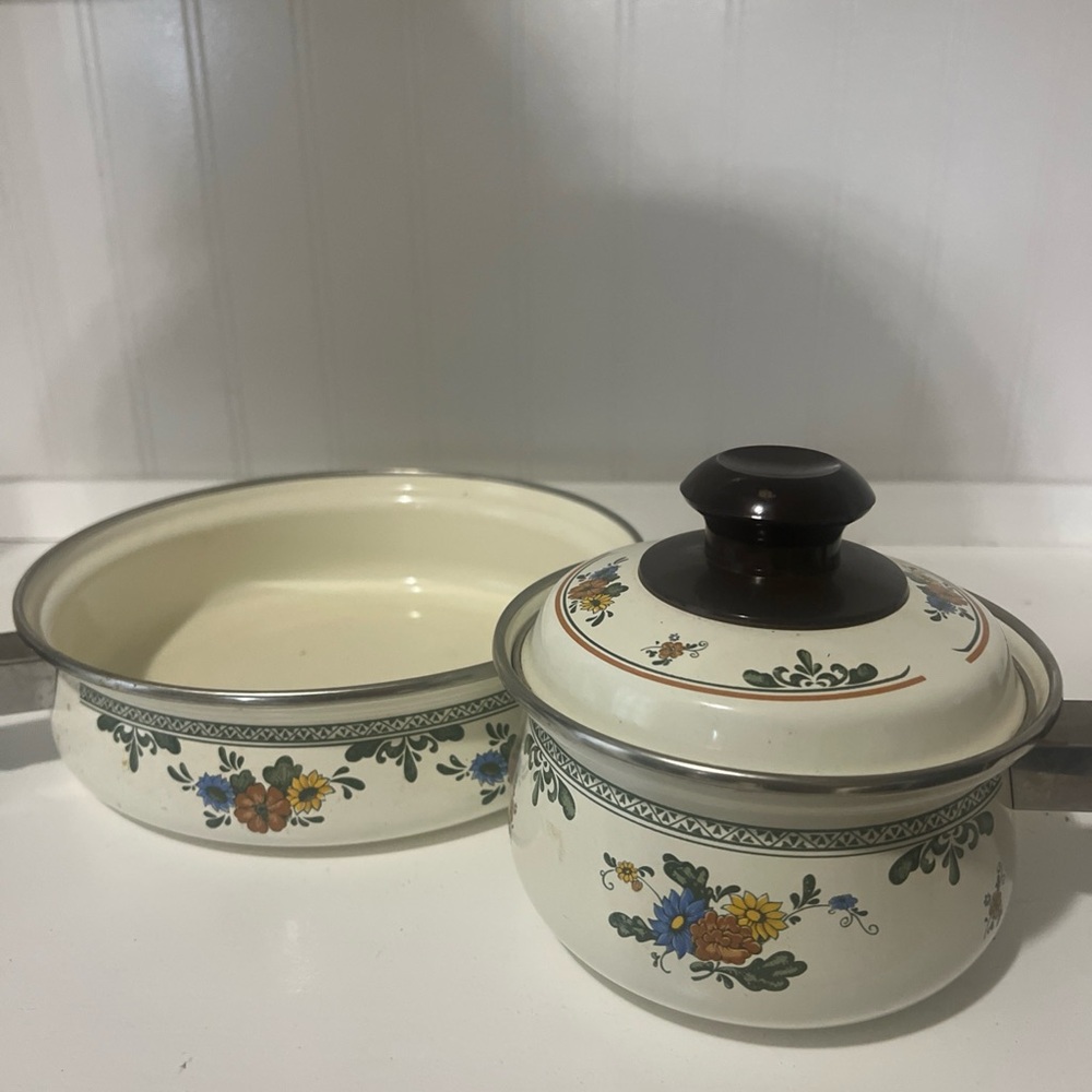 Vintage Amsterdam Cookware Enamel Pot & Saucepan Set – Floral Design